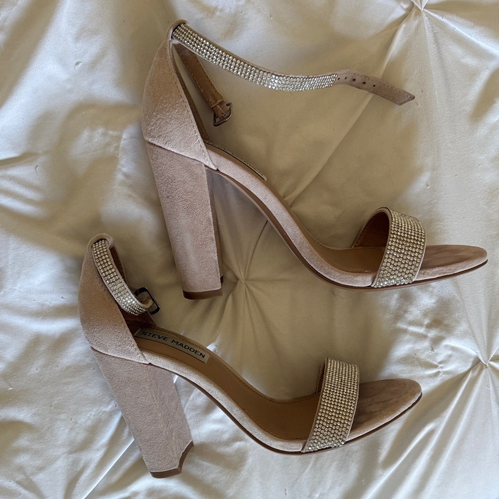 Steve Madden Blush Pink Suede Block Heels with Crystal Straps